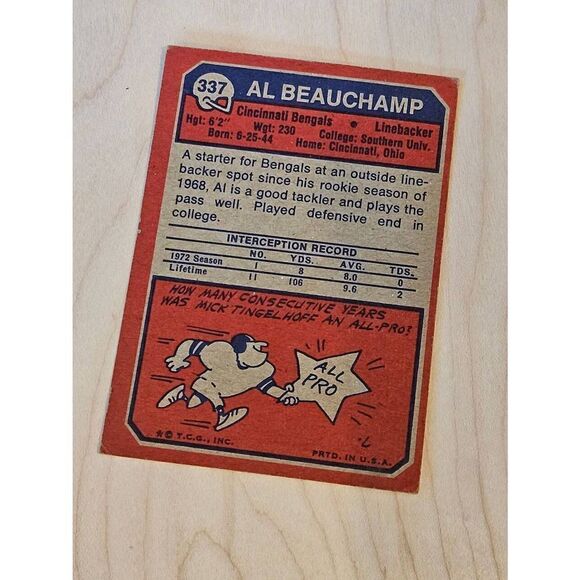 1973 Topps Football Card Al Beauchamp LB Cincinnati Bengals - Picture 2 of 2